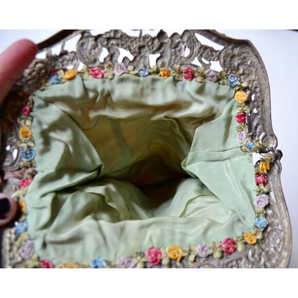 Antique Edwardian Glass Bead Flower Roses Purse Silver Cherub Frame Czech? - Picture 15 of 15